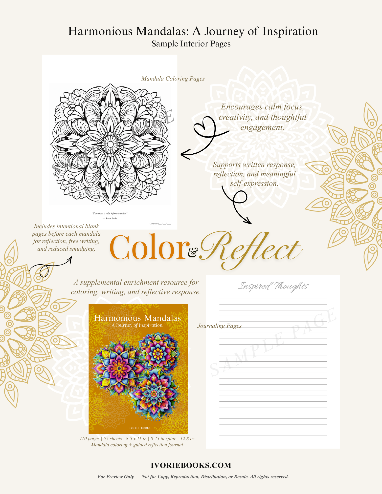 Harmonious Mandalas coloring book with sample pages and branding information.