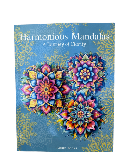 A book titled 'Harmonious Mandalas: A Journey of Clarity' by IVORIE BOOKS, featuring a blue cover decorated with intricate, colorful mandala designs.