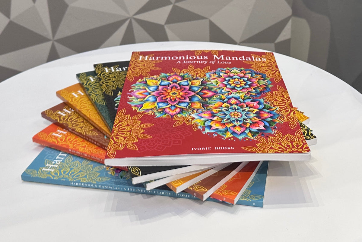 Harmonious Mandalas collection paperback books by Ivorie Books.
Real paperback display of the Harmonious Mandalas collection by Ivorie Books, showing the coordinated series design and printed book quality.
