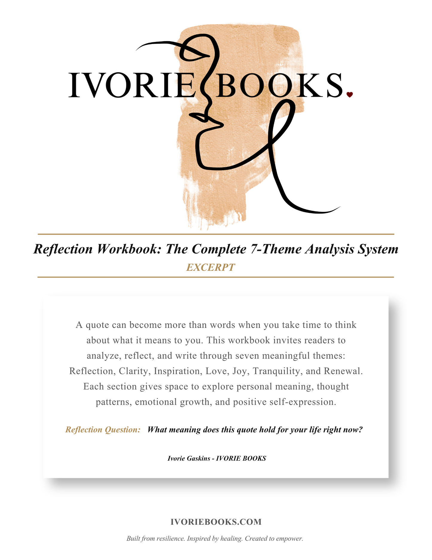 Harmonious Quotes Reflection Workbook | The Complete 7-Theme excerpt page by Ivorie Books featuring a journal description about confidence, creativity, and purposeful self-expression.