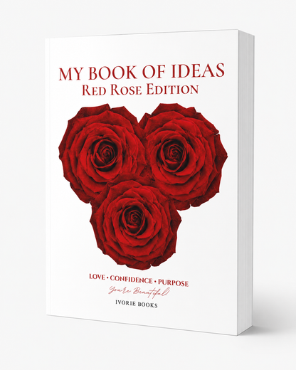 A white hardcover book titled 'MY BOOK OF IDEAS RED ROSE EDITION' with three red roses forming a heart shape on the cover, shown on a clean white background.