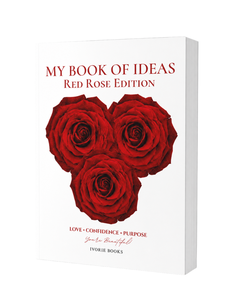A white hardcover book titled 'MY BOOK OF IDEAS Red Rose Edition' with three large red roses forming a heart shape on the cover, shown on a clean white background.