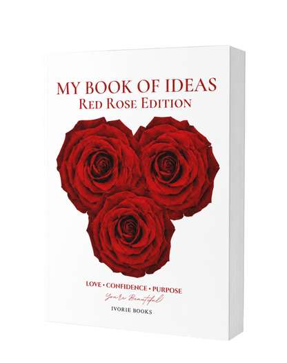 A white hardcover book titled 'MY BOOK OF IDEAS Red Rose Edition' with three large red roses forming a heart shape on the cover, shown on a clean white background.